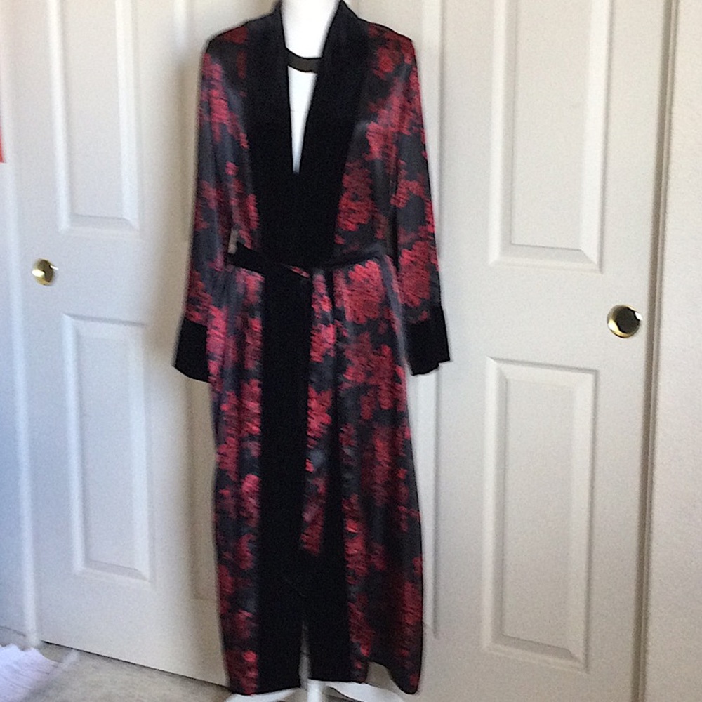 Morgan Taylor floral and velvet robe with INC sexy slides.